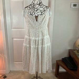 Lulus White Lace Romantic Angelic Off the Shoulder Midi Dress Size Medium
